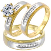 2-Tone 14k Gold CZ Trio Engagement Wedding Ring Set 3-Pc Round Milgrain L 5-10 M 8-14, Ladies size 9.5