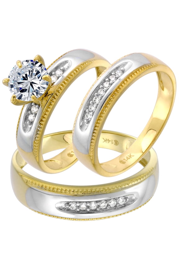 2-Tone 14k Gold CZ Trio Engagement Wedding Ring Set 3-Pc Round Milgrain L 5-10 M 8-14, Ladies size 9.5
