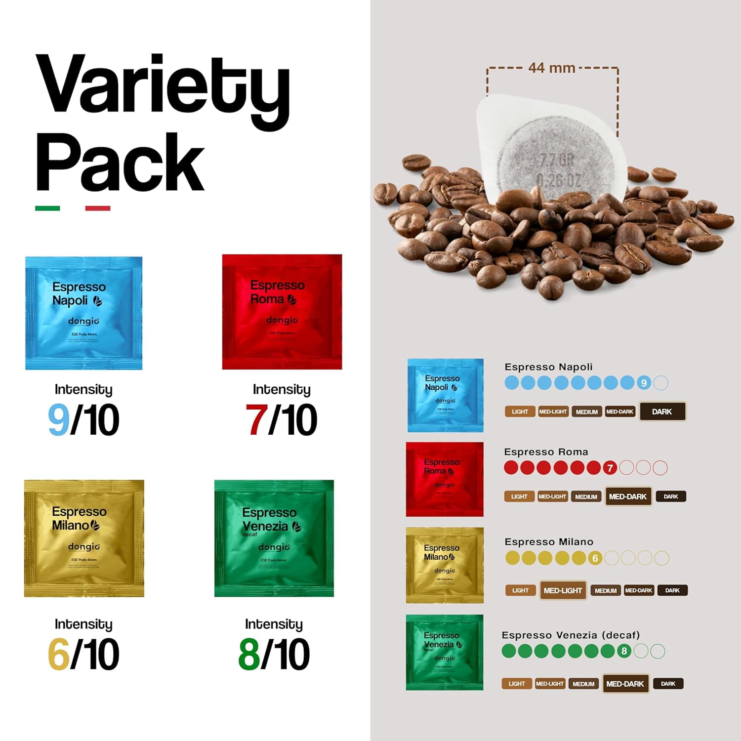 Dongio Caffe Variety Pack – ESE 44mm Espresso Pods, Assorted Italian Blends, 200 Count