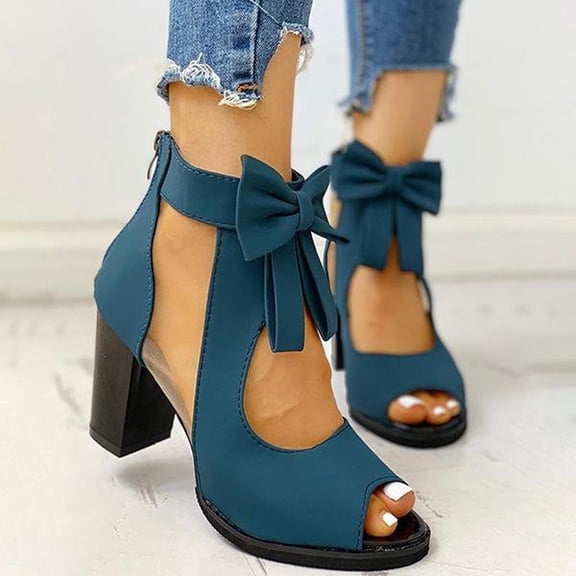 Babysbule Sandals for Women Clearance Bow Sandals Middle Heel Chunky Heel Ladies Mesh Shoes Fashion Versatile Fish Mouth Shoes