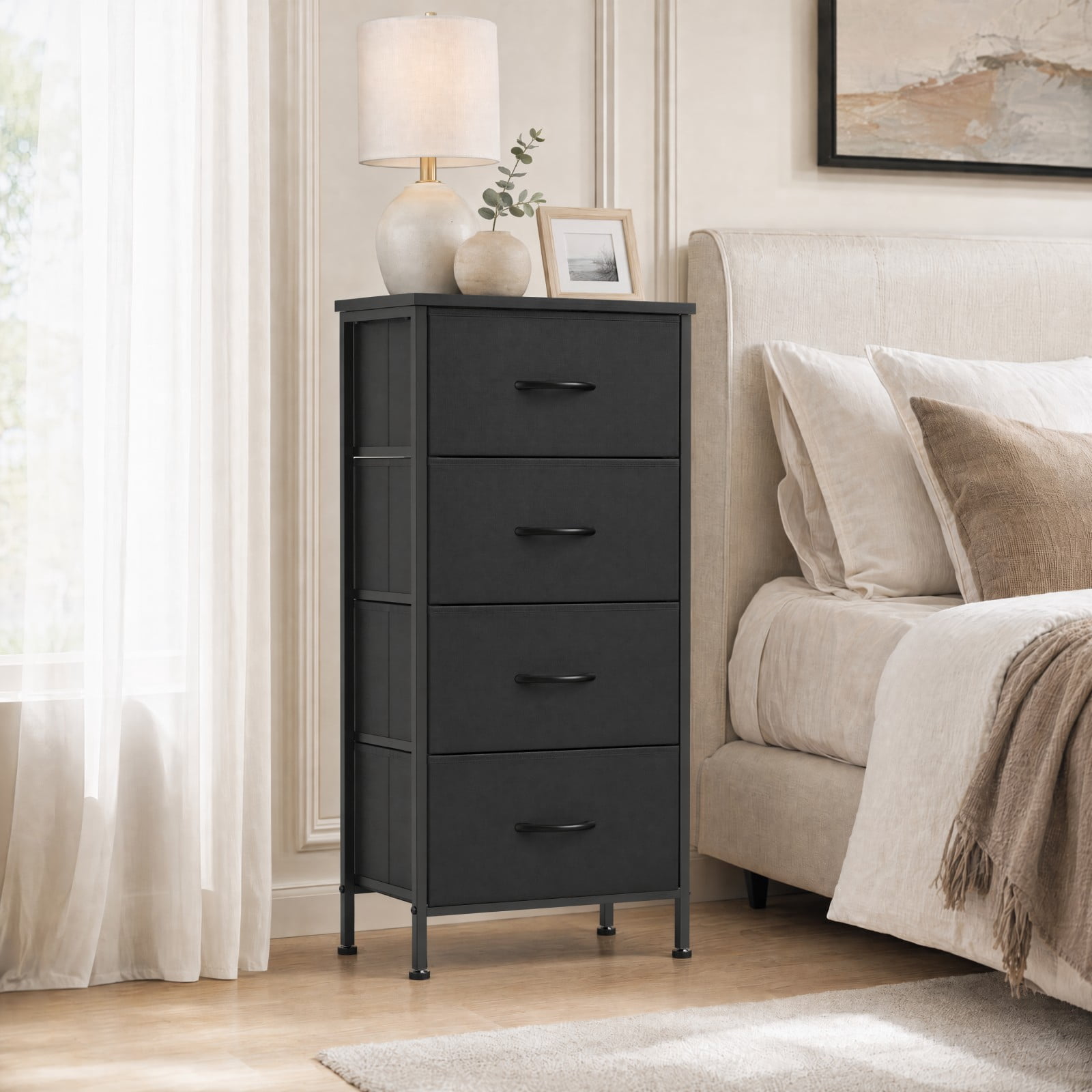Telyra 4-Drawer Fabric Dresser 37.4" Tall Storage Tower with Wood Top and Steel Frame Narrow Organizer, Ink Black