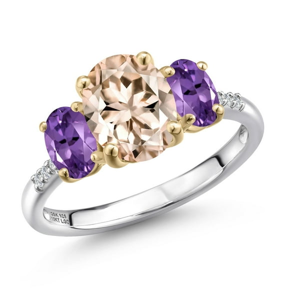 Gem Stone King 925 Silver and 10K Yellow Gold Peach Morganite and Purple Amethyst and Lab Grown Diamond Engagement Ring for Women | 2.56 Cttw | Oval 9X7MM | October Birthstone | Size 6