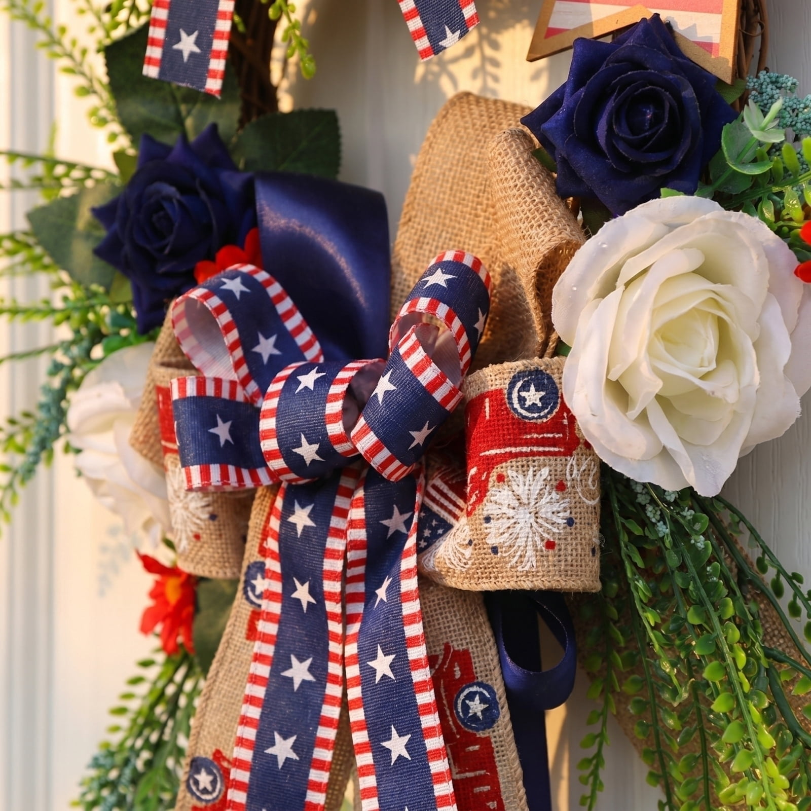 2026 Patriotic Wreath for Front Door, Simulation Flower Circle Door Hanging Wreath Double Bow Craft for Independence Day Courtyard Party Wall Decor