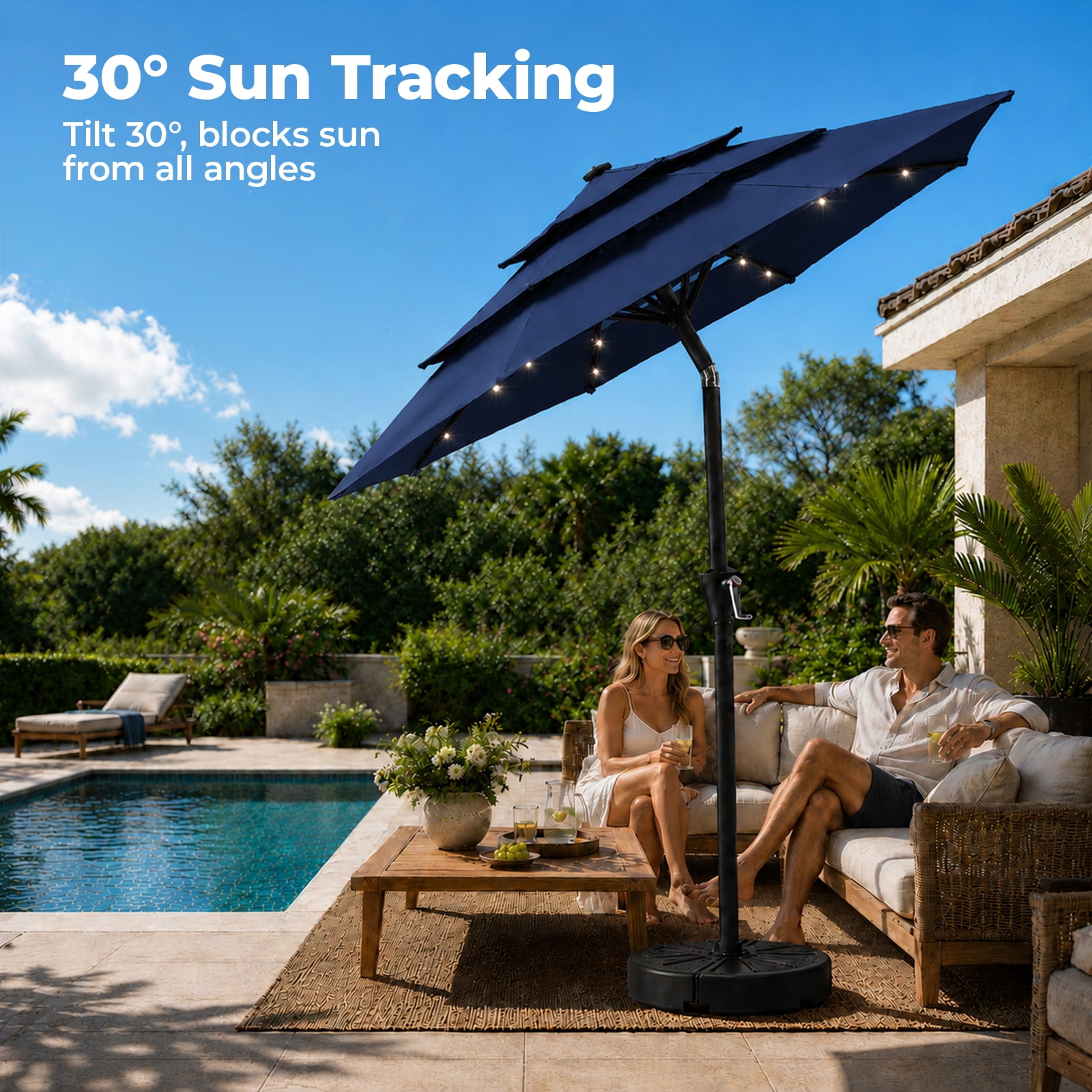 Alvantor 9ft 3‑Layer Solar Patio Umbrella Outdoor with 32 LED Lights, UV50+ Auto Dusk‑to‑Dawn for Dining Table, Outdoor Sofa & Beach Lounger