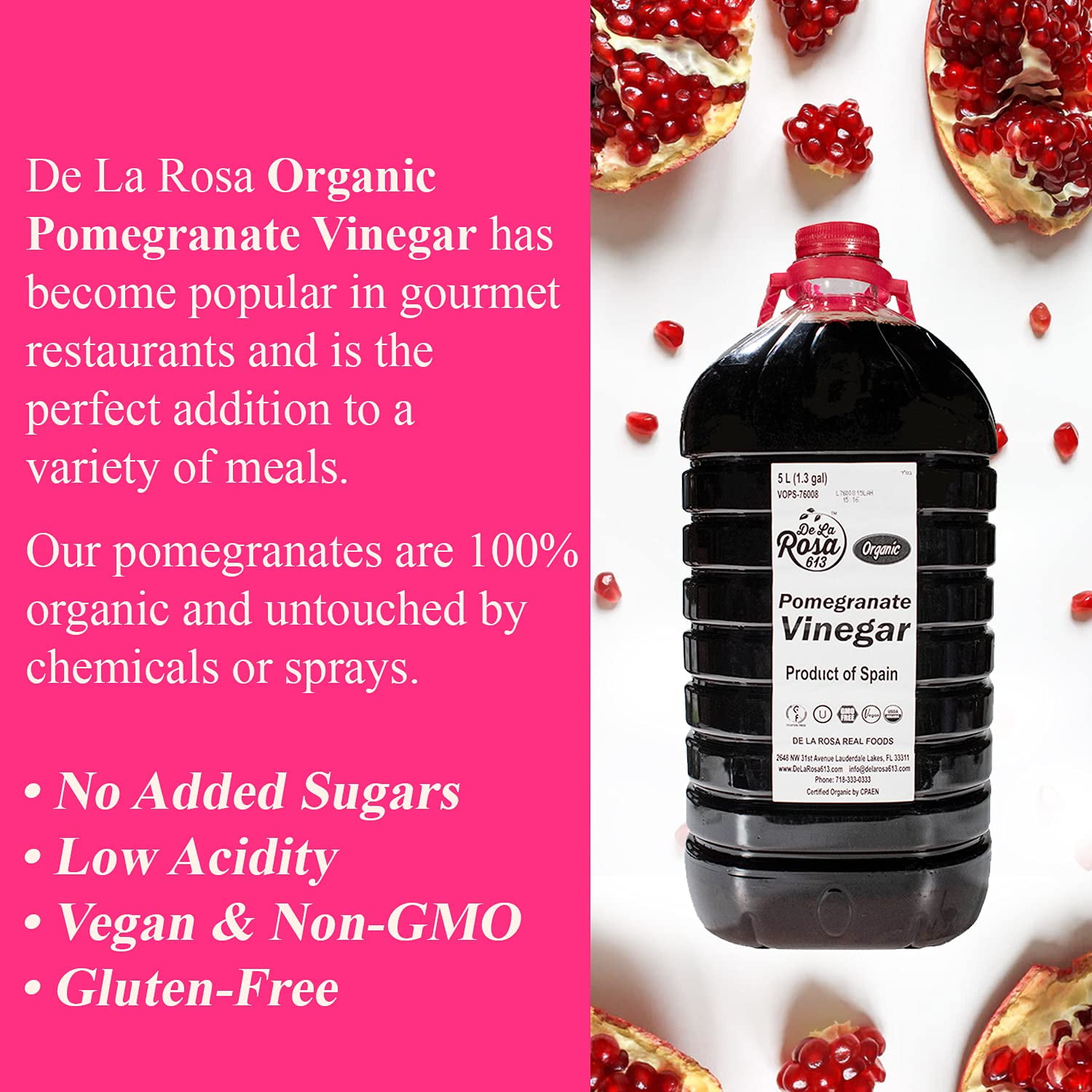 De La Rosa 613 Organic Pomegranate Vinegar, Great for Salad Dressing, 5 Liters (Pack of 1)