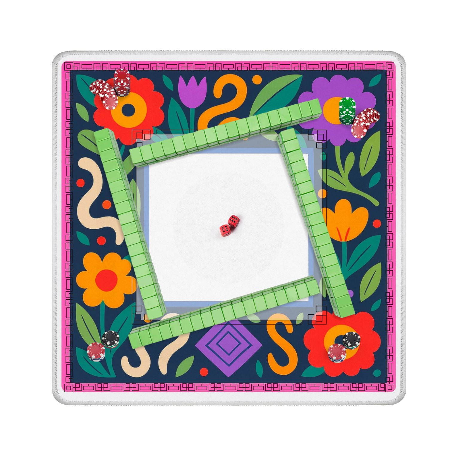 Mahjong Mat 31.5" x 31.5" Colorful Floral Frame Bold Patterns Bright Flowers Anti-Slip and Noise Reduction Symmetry Design Mahjong Tiles Table Cover for Dominoes Poker Card Board and Tile Games