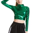 thumbnail image 5 of Raenseen Women's Shiny Metallic Liquid Long Sleeve Turtleneck Crop Top Short T-Shirt Tops Green M, 5 of 5