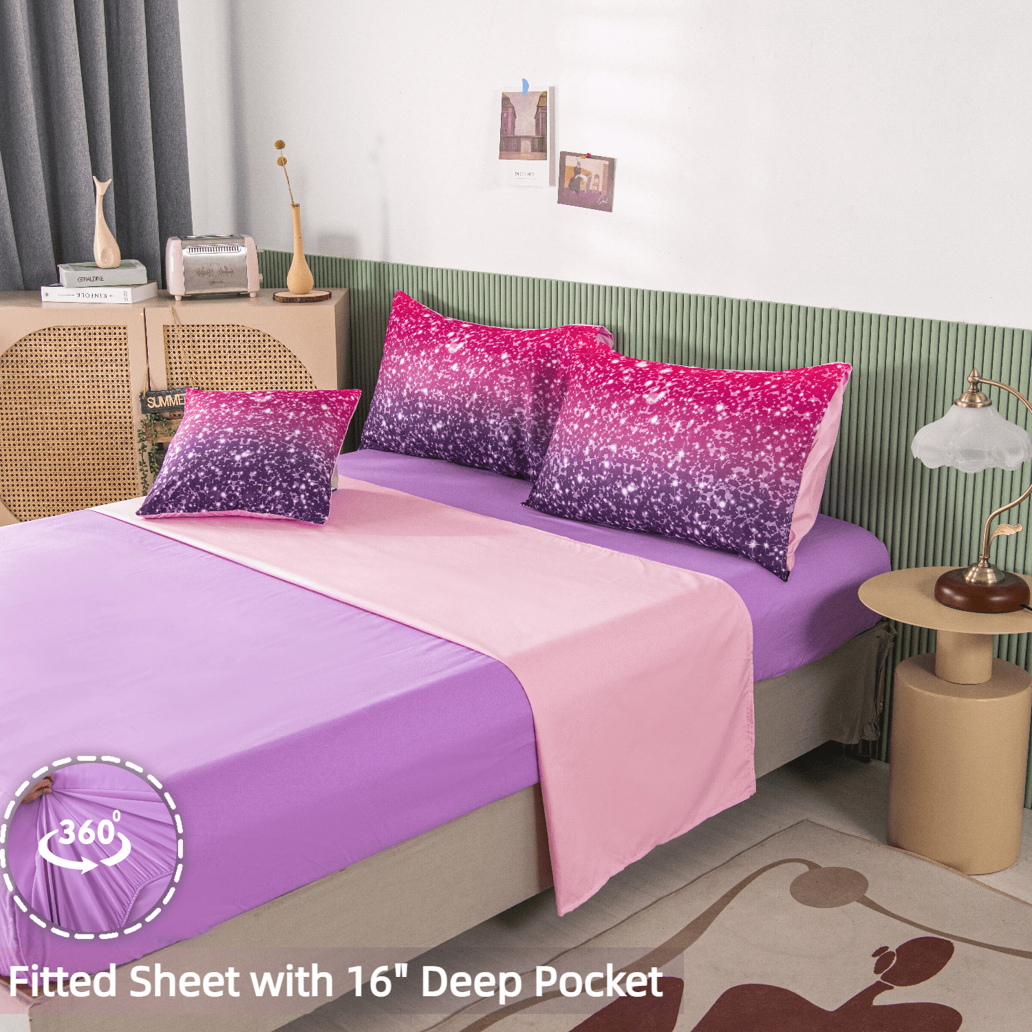 PERFEMET 6 Pieces Pink Purple Full Size Comforter Set Glitter Star Ombre Galaxy Printed Bedding Set Soft Microfiber Bed in a Bag for Kids Teens Girls (Purple,Full)