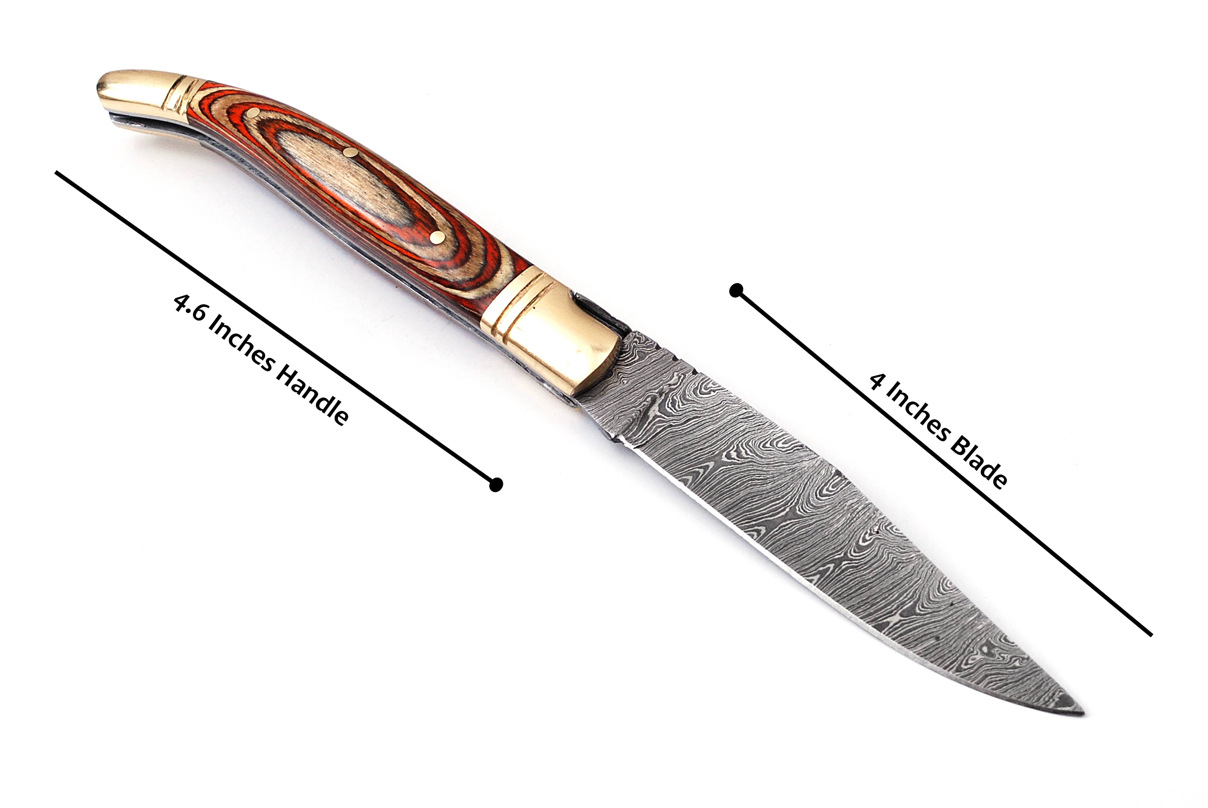 Damascus steel folding knife with leather sheath, 8.5 inches long laguiole pocket knife with 4 inches long Damascus steel Blade, 4.5 inches Brown multi shade wood scale with Brass bolster and pommel