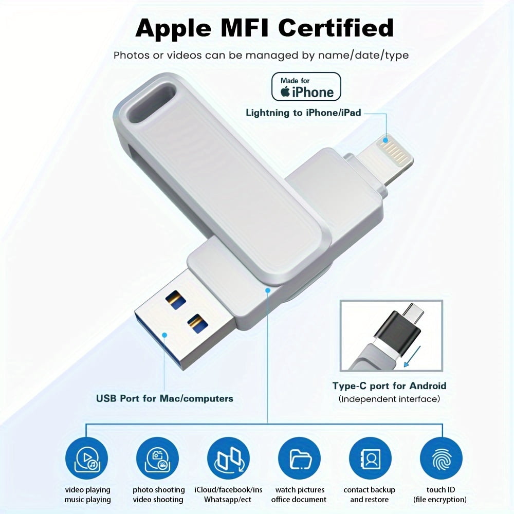 MFi Certified 256GB USB Flash Drive for iPhone iPad Android PC - Keychain Photo Video Stick with App for Backup Transfer & Encryption
