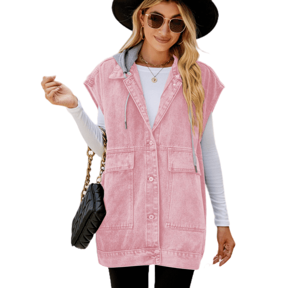 LYMAYTER Women Denim Jean Vest Summer Fashion Sleeveless Button-down for Jean Hooded Vest XS-2XL