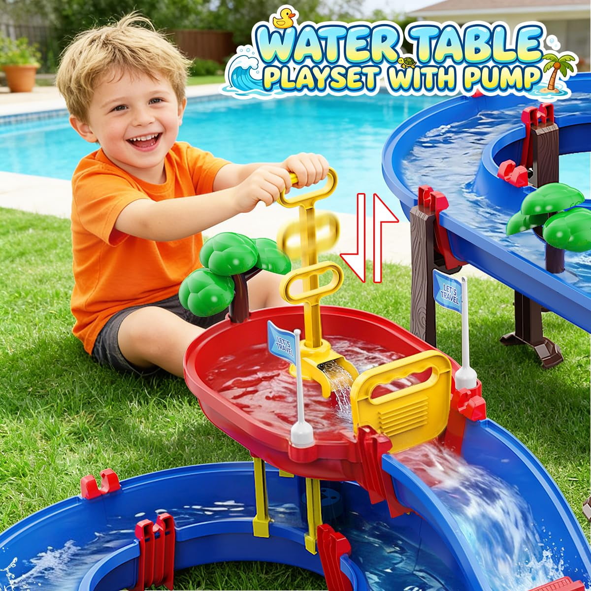 Vatos 2-Tier Water Table for Kids 3+, DIY Water Park Playset with Water Wheel and Pump, Outdoor Summer Water Toy