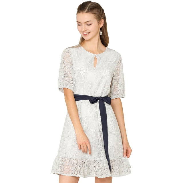 INSPIRE CHIC Vestido A-Línea Cintura Del Lazo Ojo De Cerradura Cordón Floral Elegante Para Mujer Gris M