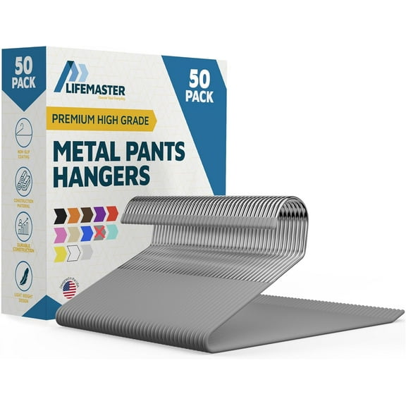 Metal Pants Hanger Set - 50 Pieces Elegant Non-Slip Closet Space Saving Hanger Set for Pants, Trouser, Blankets, and Jeans with Open Ended Sleek Design - Gray