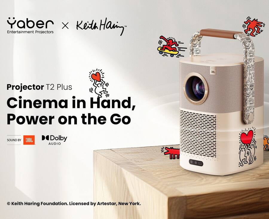 Yaber T2 Plus Portable Projector, 1080p Full HD, JBL Dolby Audio, Auto Focus and Auto Keystone, Co-brand Keith Haring,Cream
