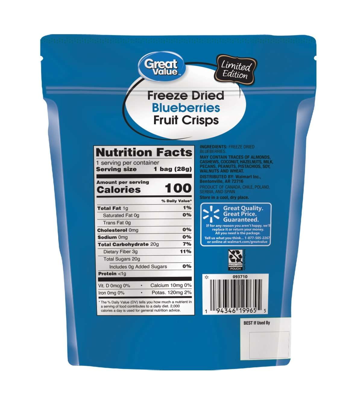 Great Value Freeze Dried Blueberries Fruit Crisps, 1 oz