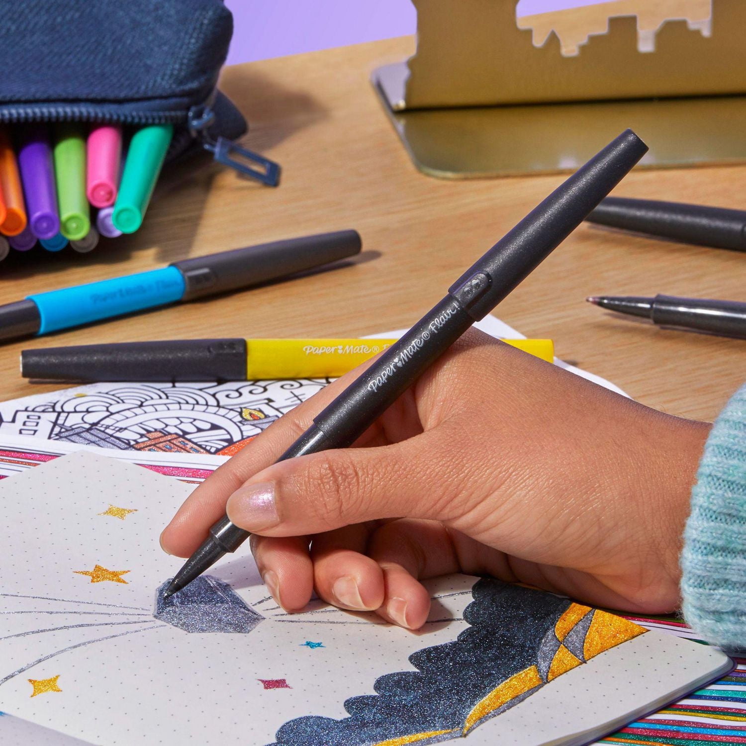 Paper Mate Flair Pens, Metallic Felt Tip Pens, City Lights, Glittery Ink Shines on White Paper, Assorted Colours