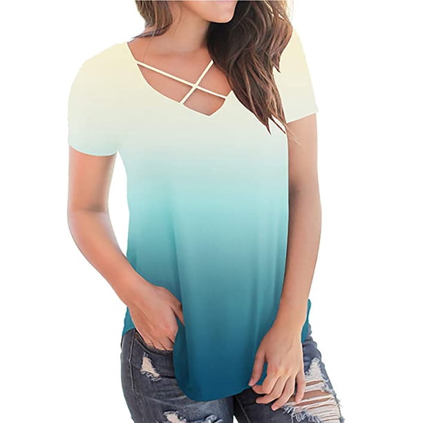 Puntoco - Camiseta holgada de manga corta con cuello en V y degradado informal para mujer Puntoco Puntoco-2119