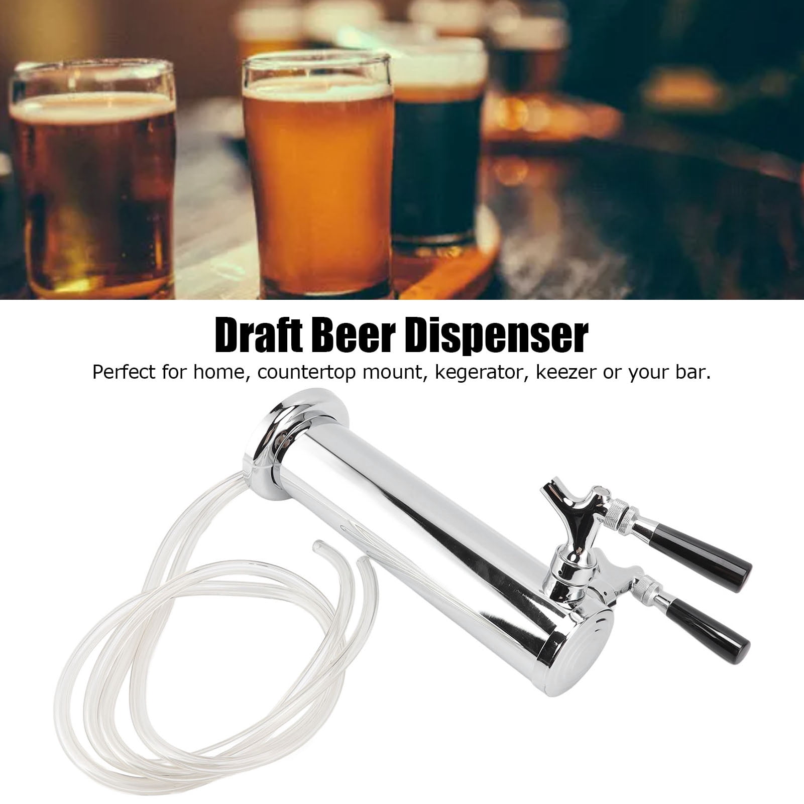 Cacagoo Keg Party Pump, American D System Beer Keg Tap Keg Hand Pump Picnic Pump with Beer Faucet & Beer Hose, Chrome-Plated Keg Draft Beer Party Pump with 2 Hose Clamps Kegerator Pump for Homebrew