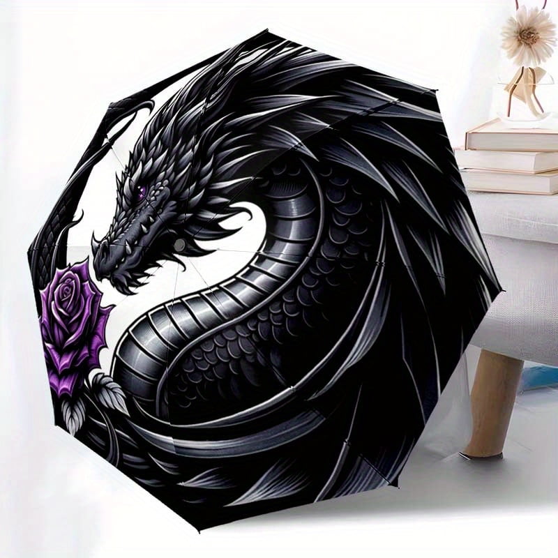 1 automatic opening and closing dragon patterned umbrella -8-bone structure, sturdy and durable, portable travel umbrella (black/purple accents)