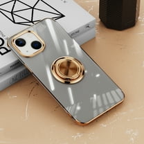 ELEHOLD for iPhone 15 Plus Plating Clear Case,Transparent Case with Ring Holder Kickstand Work with Magnetic Car Mount Shockproof  Protective Cover Phone Case for iPhone 15 Plus,Gold