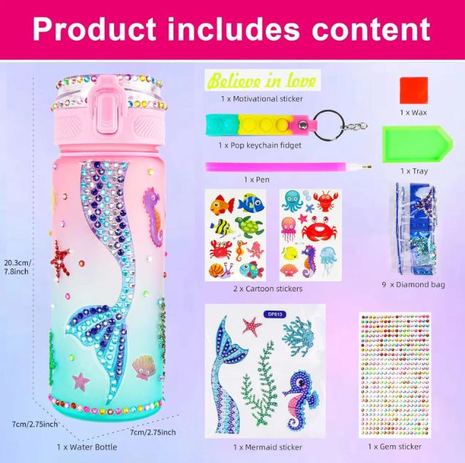 Decorate Your Own Water Bottle Kits for Girls Age 4-12, Kids Water Bottle Girls Birthday Gifts, Themed Painting Crafts, Kits for Kids, Fun Arts and Crafts (Mermaid)