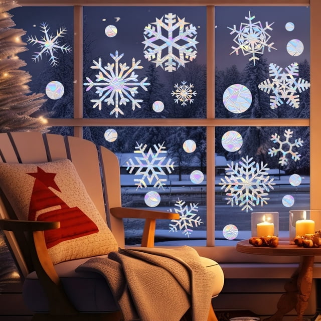 Isvgxsz Clearance Snowflake Window Clings - Sun Catcher Stickers Window Decals for Glass Windows to Prevent Bird Strikes Collisions Non Adhesive Prismatic Vinyl Rainbow Christmas Window Stickers