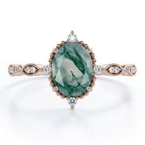 JeenMata 1.5 Carat Five-Stone Antique Four Prong Set Ovate Natural Transparent Dendritic Moss Green Agate And Moissanite Filigree Flush Engagement Ring In 18K Rose Gold Plating Over Silver