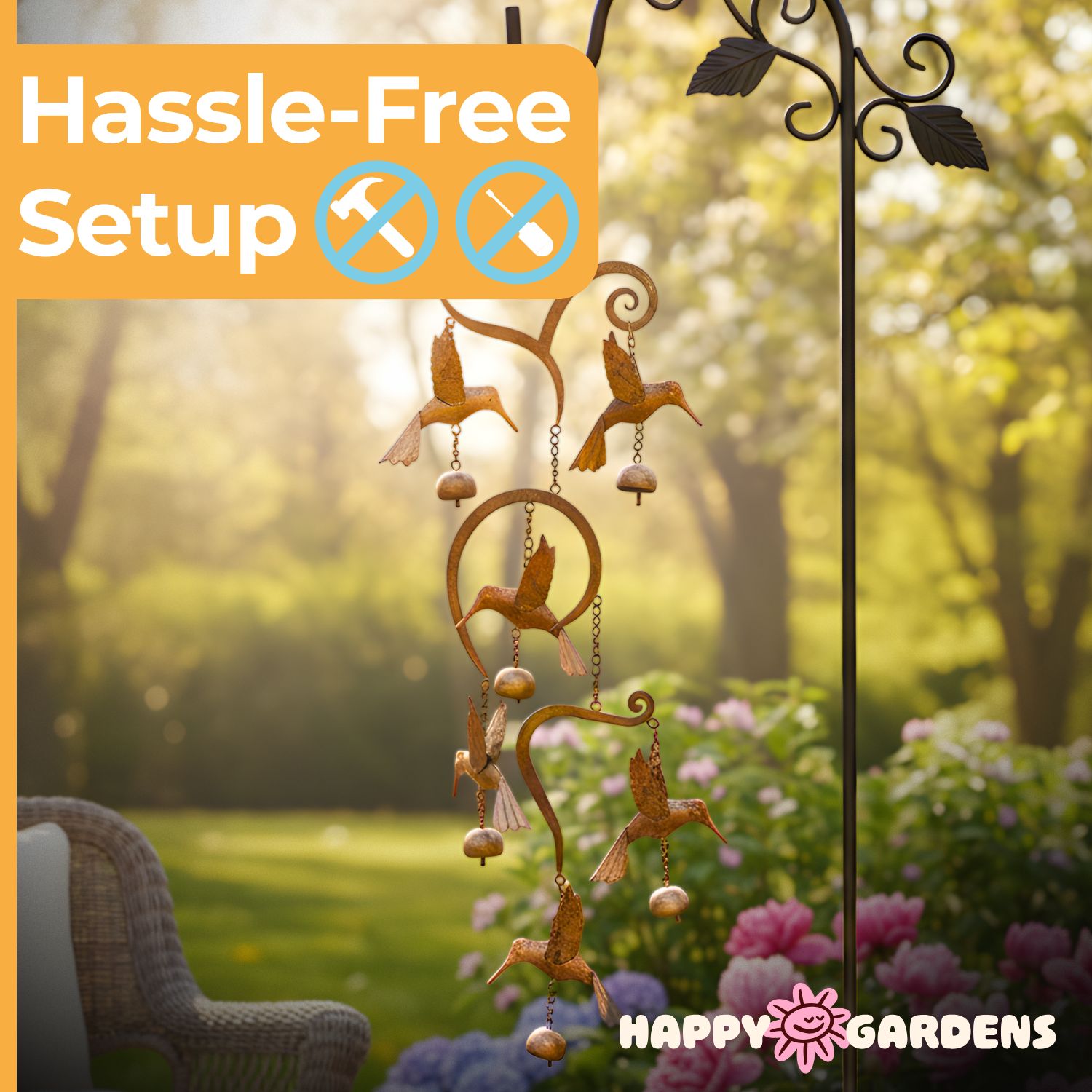 Handcrafted Scrollwork Steel Hummingbird Wind Chimes With 6 Bells (Flamed Finish) Happy Gardens Outdoor Metal Hook Hanging Decor For Outside Back Yard