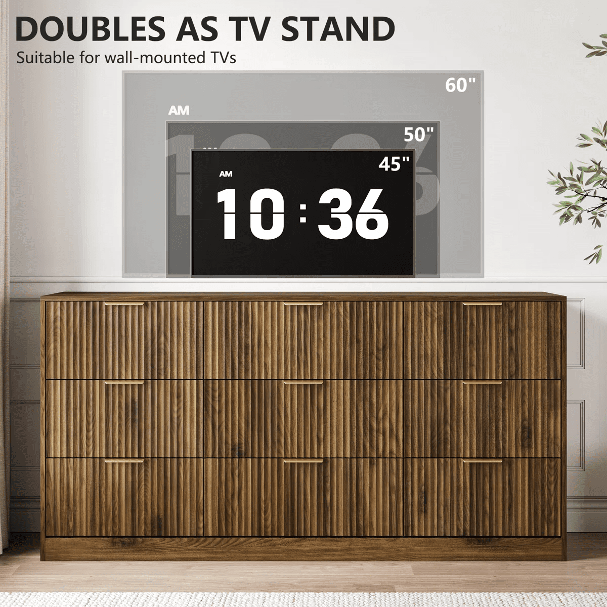 YouTrend 9 Drawer Dresser with for Bedroom,Modern Fluted Wood Chest of Drawer with Golden Embedded Handles for Living Room,Hallway
