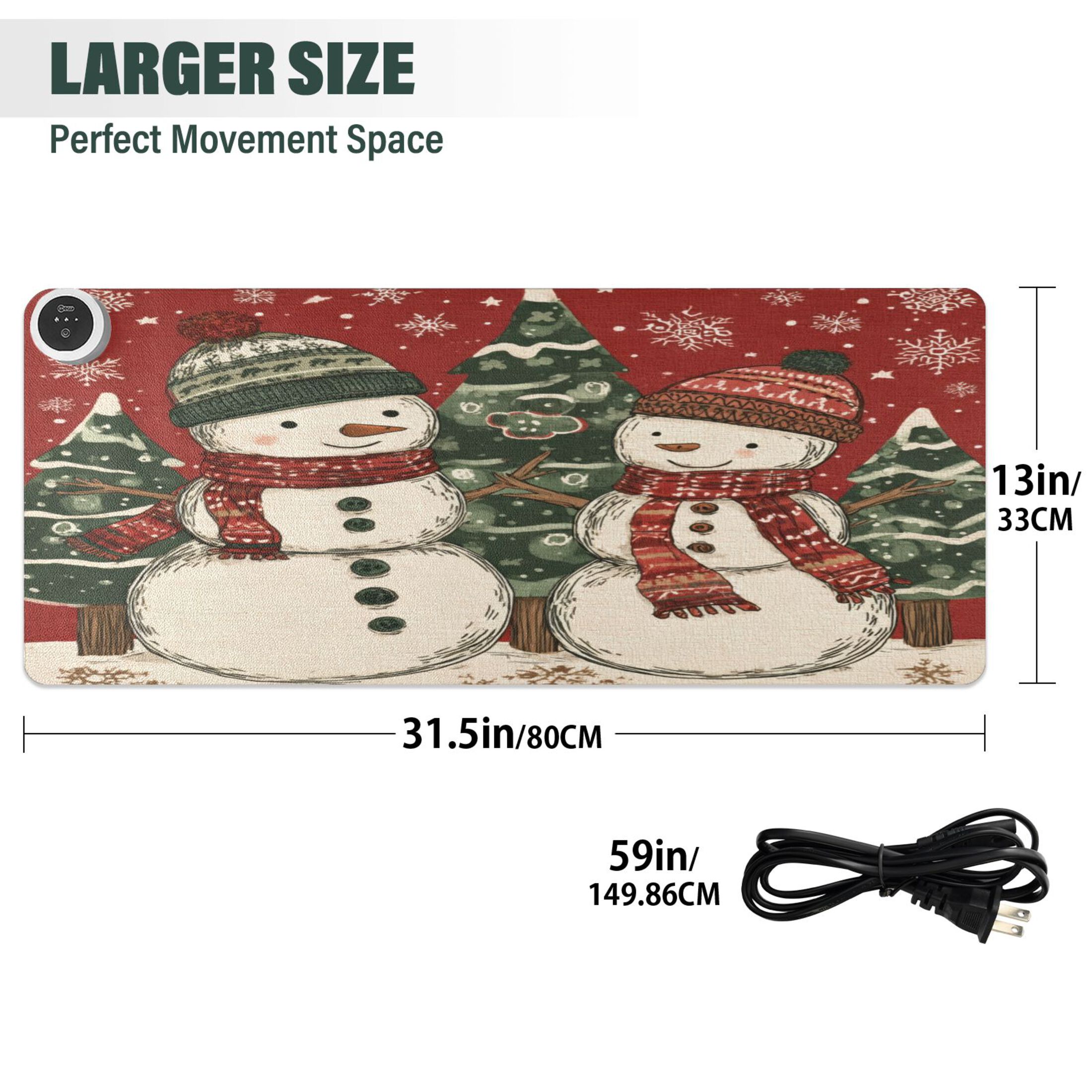 Wobogo Snowman Twins Heated Mouse Pad Extra-Large Desk Mat With 3 Heating Levels and 3-hour Auto Shut-Off Protection Ideal for Computer Keyboards Home Office Hand-warming Essential 31.5in × 13in