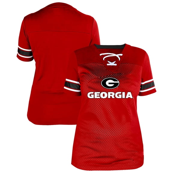 Women's Fanatics Red Georgia Bulldogs Plus Size Mesh Overlay Lace-Up Jersey T-Shirt