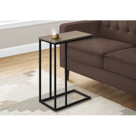 Bring a modern C-shaped end table to your spaces with brown laminate and black metal