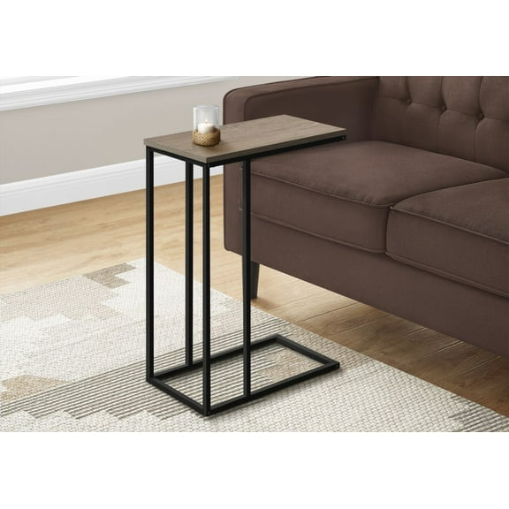 Bring a modern C-shaped end table to your spaces with brown laminate and black metal