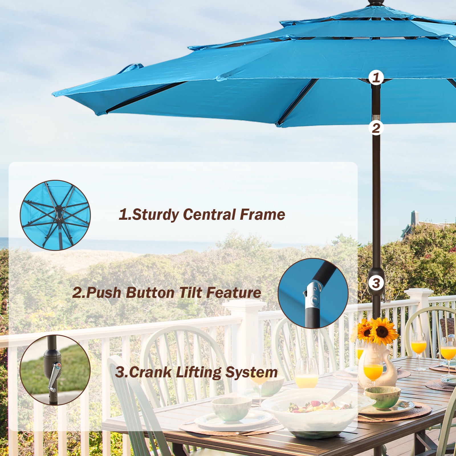 Aoodor 10ft 3-Tier Patio Umbrella, Outdoor Table Market Umbrella Tilt Adjustment and Crank - Light Blue