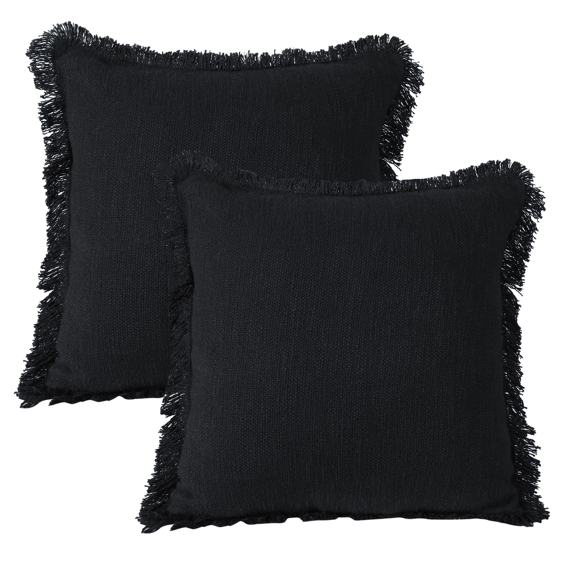 Laddha Home Designs Handwoven Solid Fringe Edge Cotton Throw Pillow - 20" - Black - Set of 2