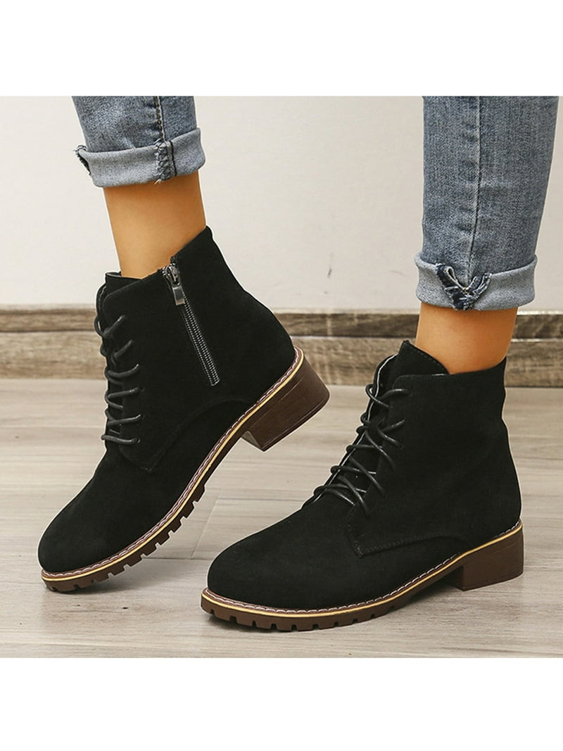 SIMANLAN Women's Combat Boots PU Leather Black Ankle Booties Mid