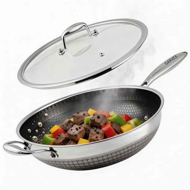 13 Inch Stainless Steel Wok Pan,5L Hybrid Woks & Stir-Fry Pans Nonstick with Snowclad Technology,Induction Cooking Pan with Lid,PFOA Free Cookware,Dishwasher