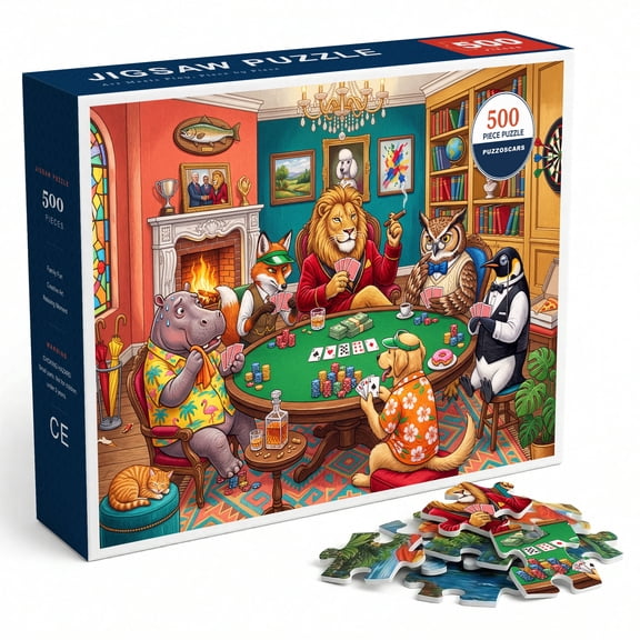 500 Piece Puzzle for Adults, Funny Animals Playing Poker Casino Night Puzzles for Adults, Lion Fox Hippo Dog Owl Penguin at Card Table Humorous Artwork Hobby Wall Decor