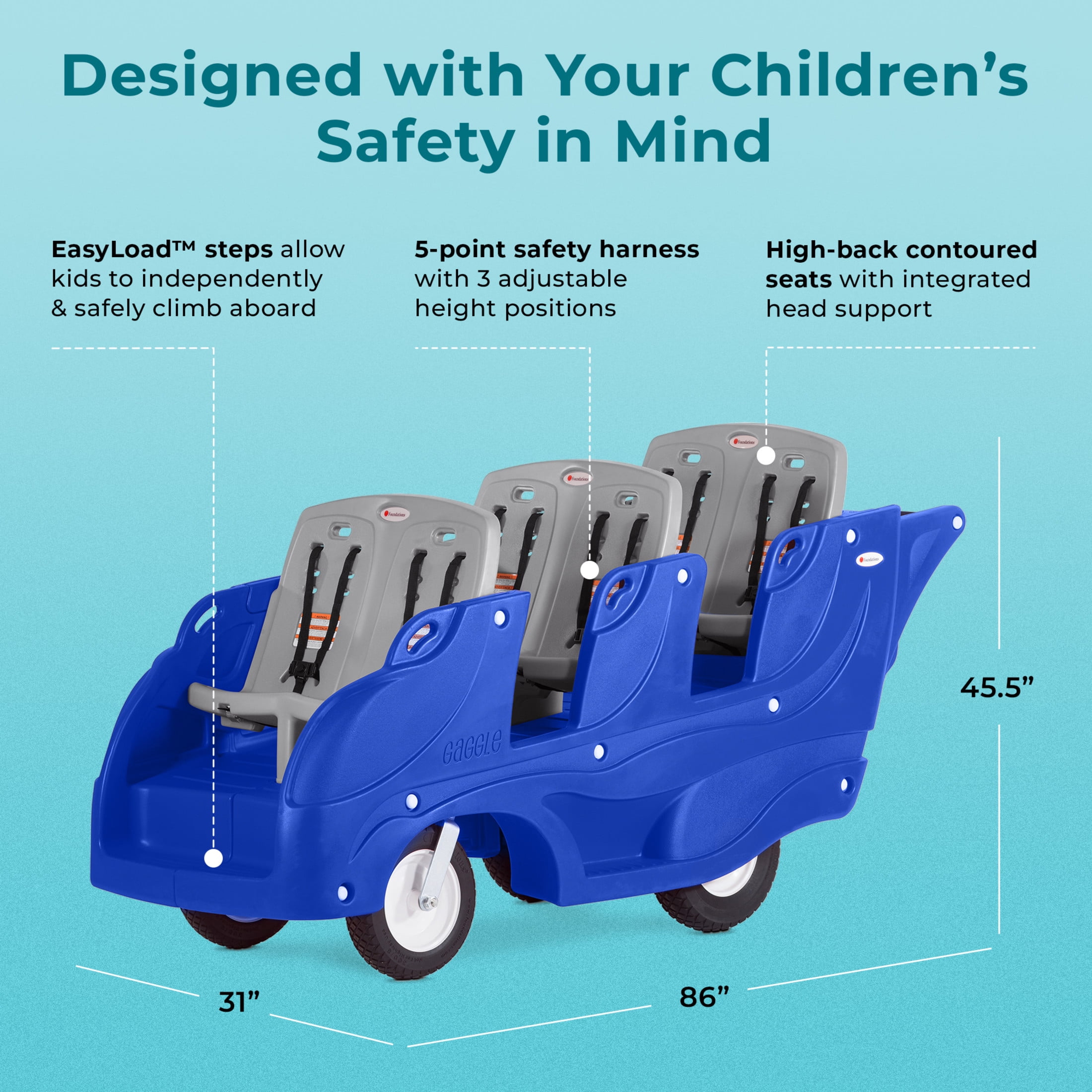 Foundations Gaggle Parade 6-Seat Buggy Stroller, Durable Multi-Child Daycare Stroller with Safety Harnesses, Blue/Gray