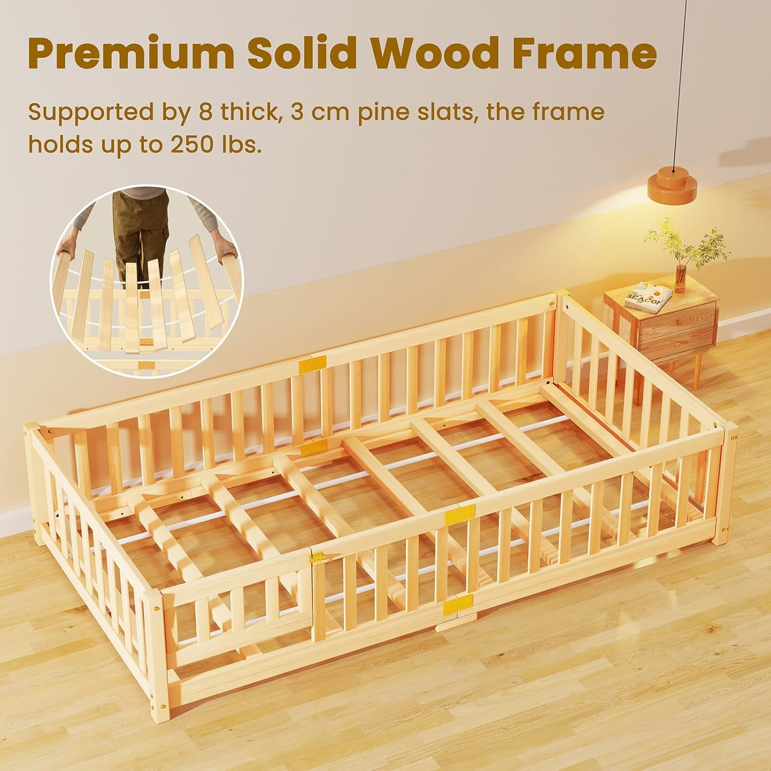 Slsy Montessori Floor Bed for Kids, Solid Wood Toddler Bed Frame w/Convertible Door and Safety Fence, Floor Bed Frame for Children Bedroom, Toddlers, Boys Girls, Kids Playroom, Twin / Full