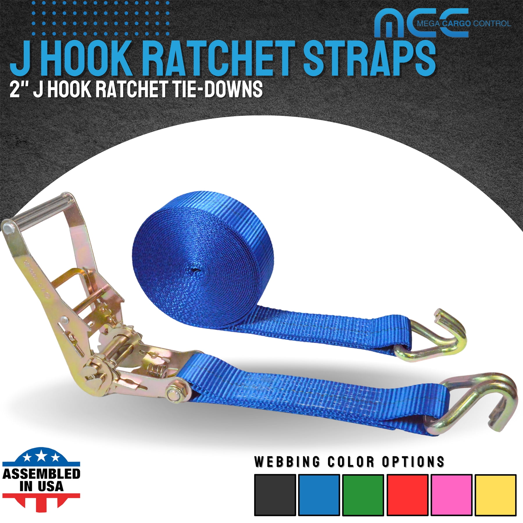Mega Cargo Control USA Heavy Duty 2" x 60' Ratchet Strap J Hook Flatbed Truck Farm Tie Down 4 Pack