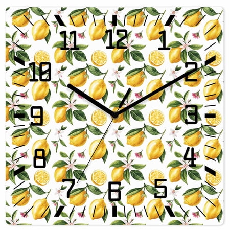 Yellow Lemon Wooden Wall Clock Silent Non Ticking, Tropical Green Leaf Pink Floral Fruit Square Wall Clocks Battery Operated, Decor Clock for Home Office, Living Room, Kitchen, 10 Inch