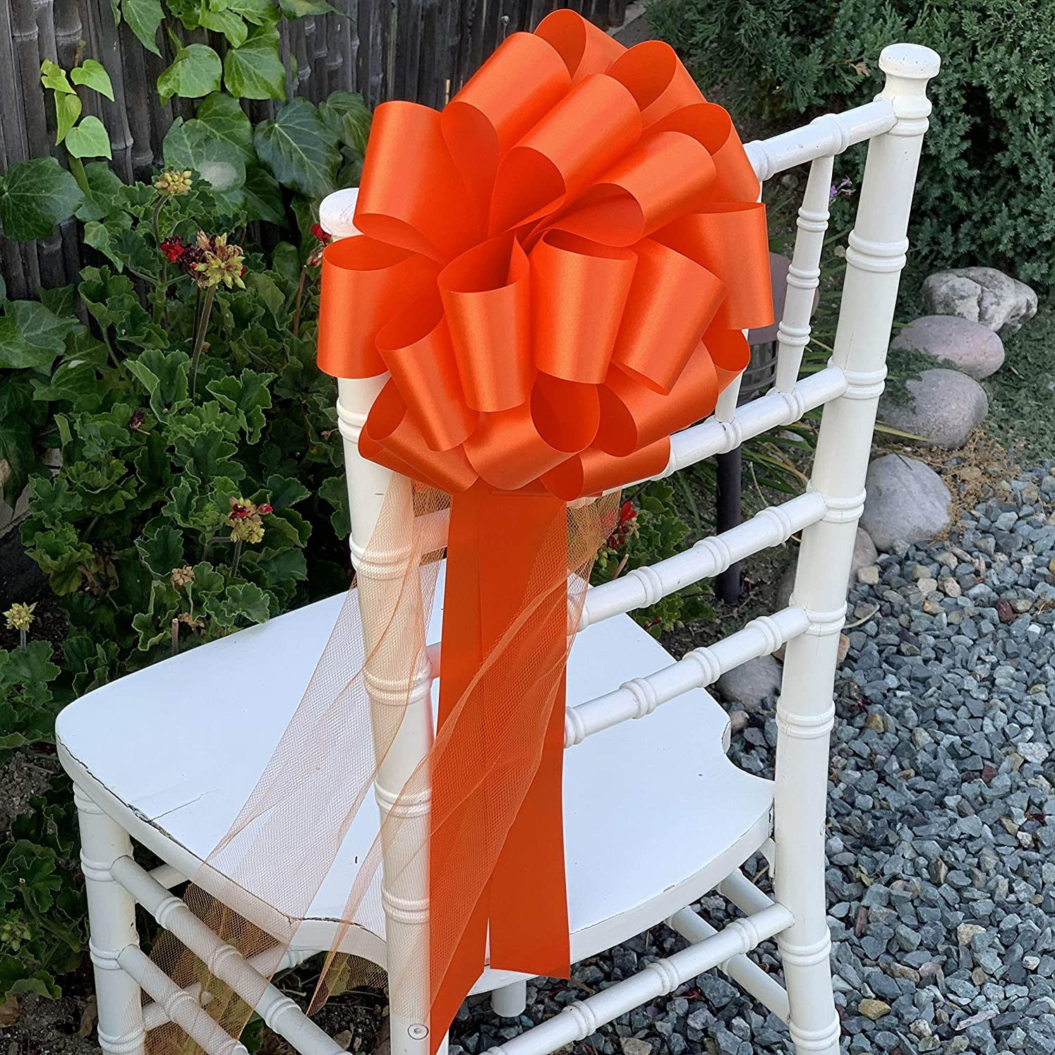 Large Orange Wedding Pull Bows with Long Tulle Tails - 9" Wide, Set of 6, Easter, Spring, Summer, Halloween, Thanksgiving