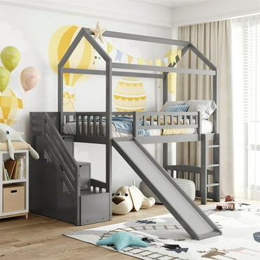 Twin House Loft Bed With Slide And Storage Stairs Wood Loft Bed Frame With Built In Ladder And Safety Guardrail For Kids Boys And Girls Gray Walmart Com