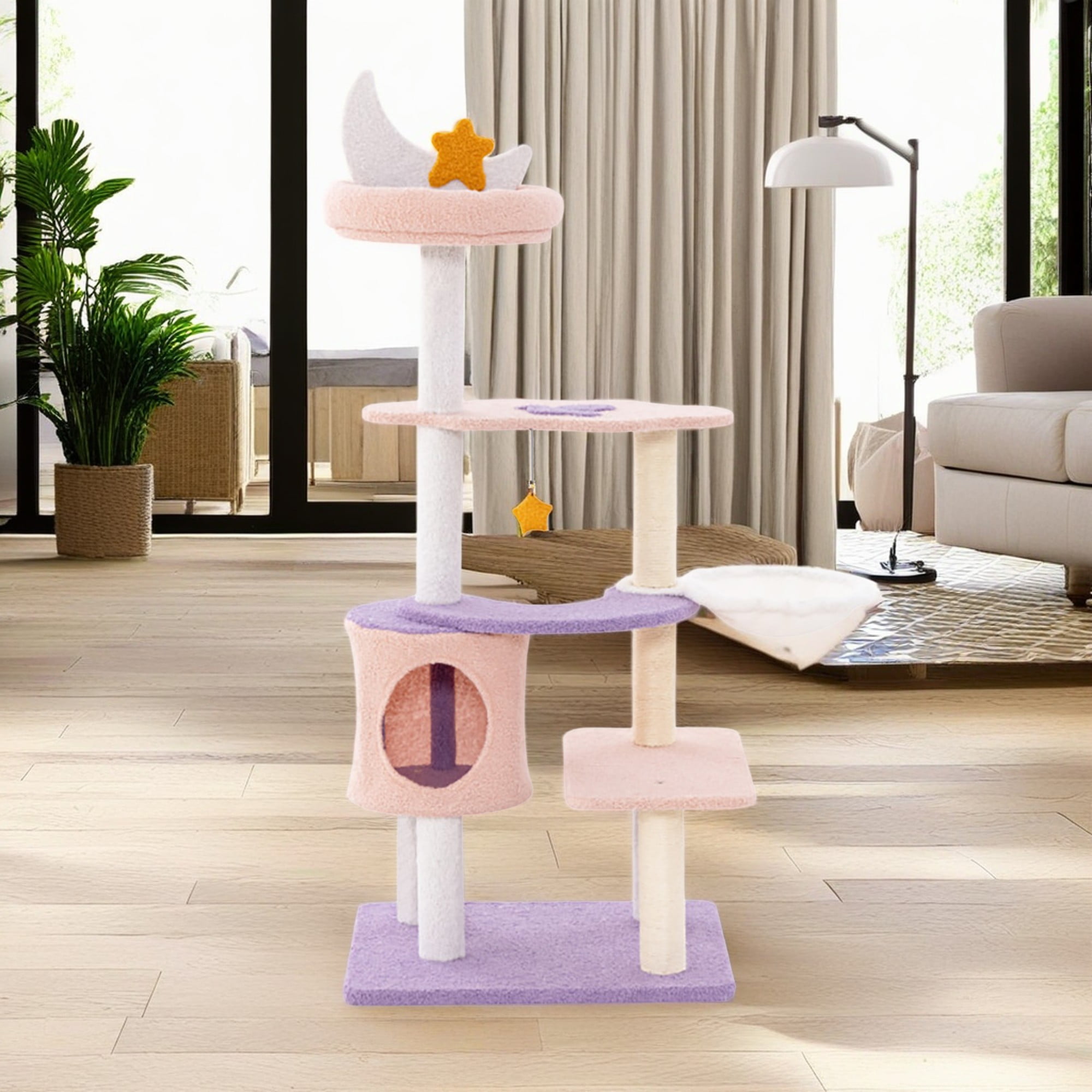 resenkos 55" Cat Tree Tower with Scratching Posts, Cat Condo with Padded Plush Perch, Multi-Platform for Jump Cat Tree House, Purple