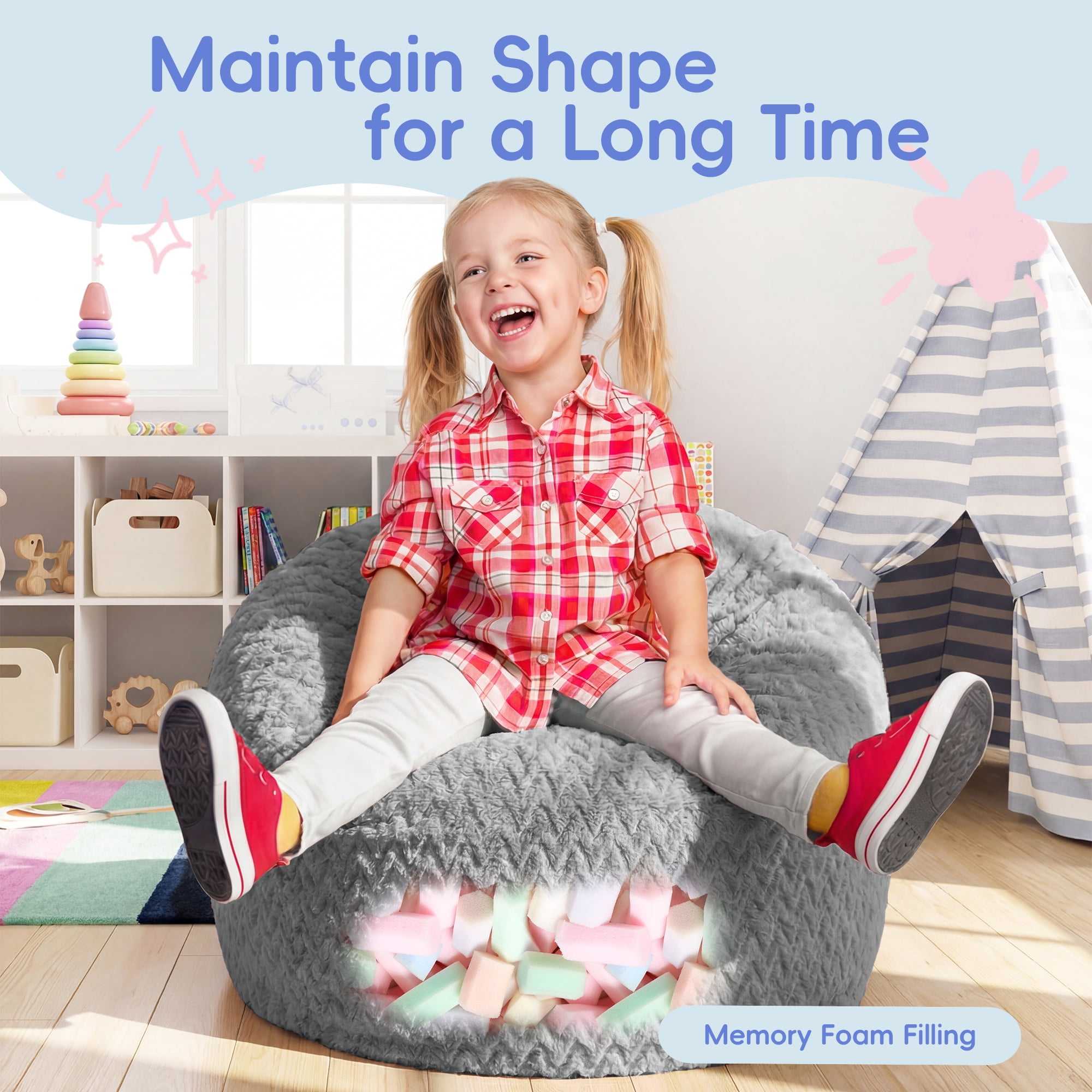 Fulsmile 2.5Ft Bean Bag Chair for Kids with Memory Foam Filling, Kid Cozy Plush Chair with Detachable Soft Cover for Bedroom Living Room Play Room, Chevron Gray