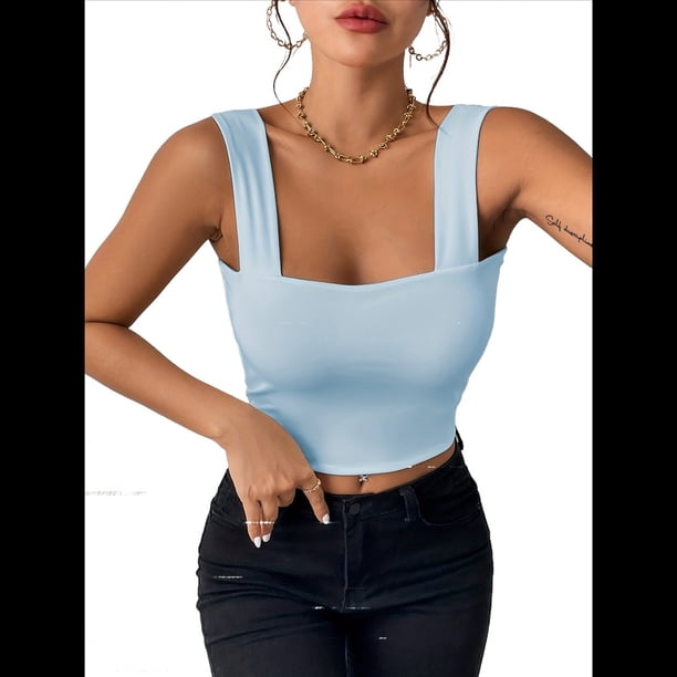 Top Corto Sexy Sin Mangas Ajustado con Tirantes Básicos para Mujer 2025 Azul Lago M