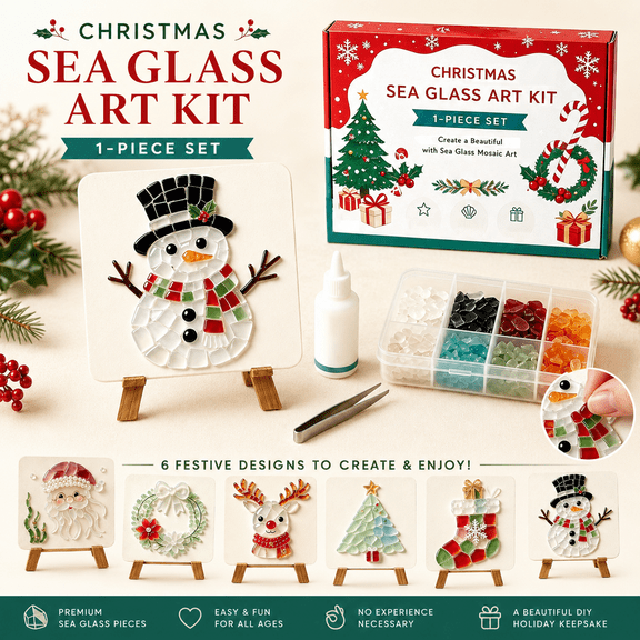 Christmas Sea Glass Mosaic DIY Art Kit, Handmade Christmas Decoration Craft Set, DIY Glass Artwork Making Kit with Tools and Stand, Creative Holiday Gift for Women Family Craft Lovers