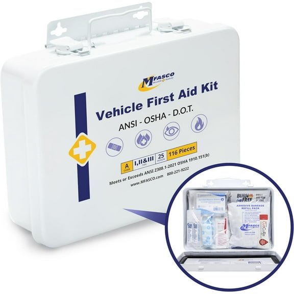 Vehicle First Aid Kit - DOT/ANSI/OSHA Compliant - Metal - Portable & Mountable - Waterproof - First Aid Kits for Businesses, Construction, Commercial Vehicles, Workplaces - 115 Pcs
